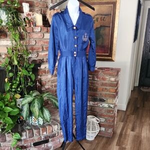Joan Walters Vintage Blue Nautical Jumpsuit Gold Button Retro Glam 80s Chic